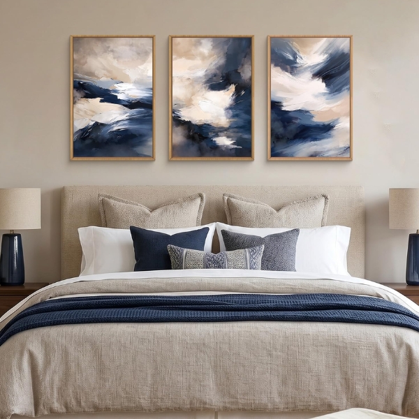 Blue and Beige Abstract Wall Art Triptych — Premium Wall Art for Modern Interiors