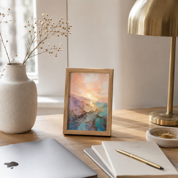 Golden Dawn Vista Desk Landscape Wall Art in 13x18 cm 5x7 Natural Wood Frame