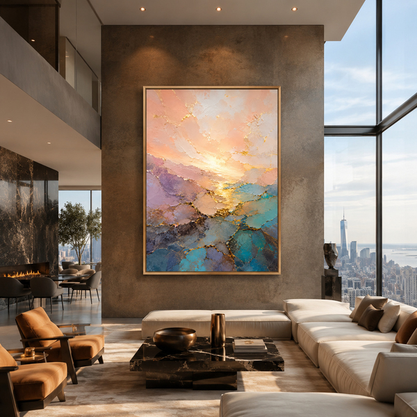 Golden Dawn Vista Large Golden Landscape Print in 60x80 cm 24x32 Natural Wood Frame