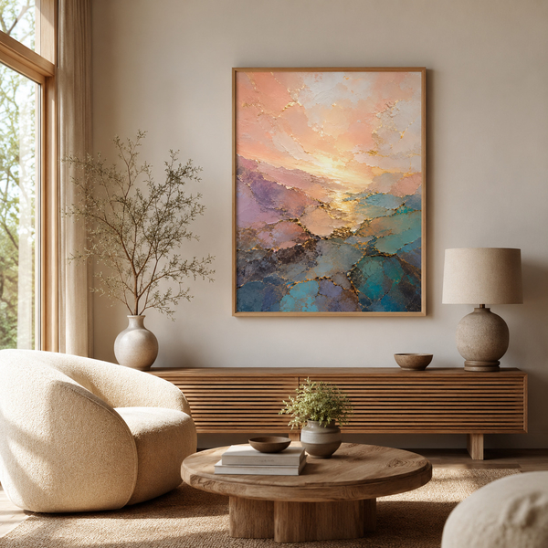 Golden Dawn Vista Living Room Landscape Art in 30x40 cm 12x16 Natural Wood Frame