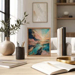 golden horizon lagoon abstract coastal wall art desk coastal wall art coastal abstract print ocean inspired wall decor modern coastal interior art 13x18 cm 5x7 inch natural wood frame