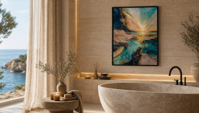 golden horizon lagoon serene coastal decor art abstract coastal wall art calm luxury interiors premium wall art by zenith living arts