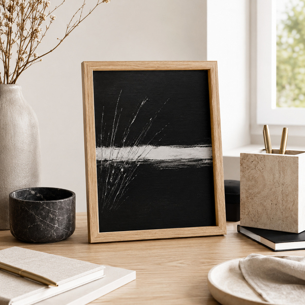 Noir Horizon Motion Desk Minimalist Wall Art in 13x18 cm 5x7 Natural Wood Frame