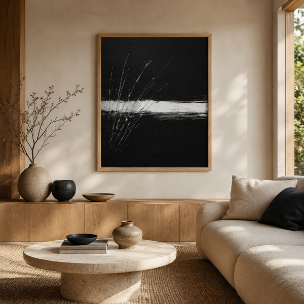 Noir Horizon Motion Living Room Monochrome Print in 30x40 cm 12x16 Natural Wood Frame